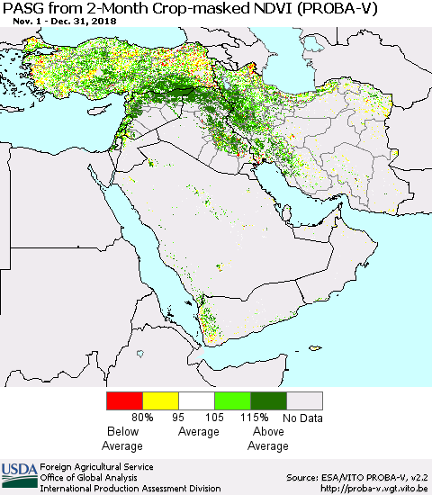 Middle East and Turkey PASG from 2-Month Crop-masked NDVI (PROBA-V) Thematic Map For 12/21/2018 - 12/31/2018