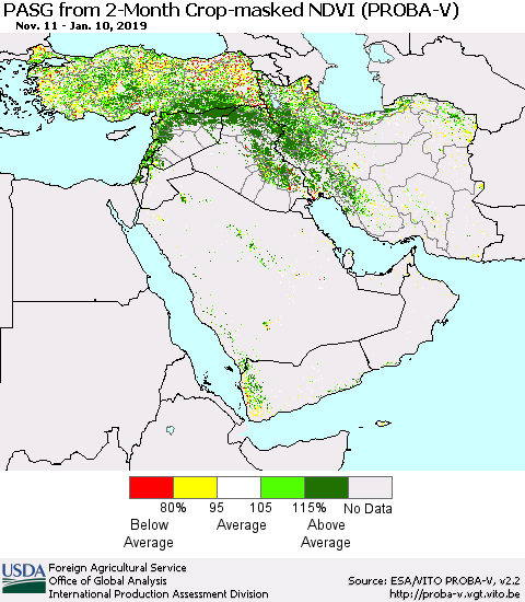 Middle East and Turkey PASG from 2-Month Crop-masked NDVI (PROBA-V) Thematic Map For 1/1/2019 - 1/10/2019