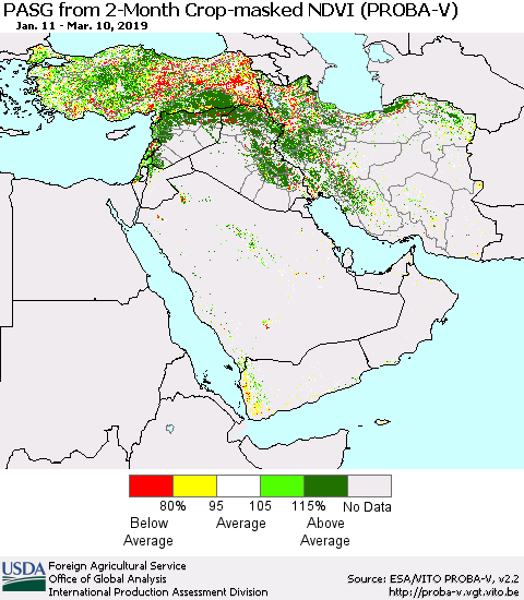 Middle East and Turkey PASG from 2-Month Crop-masked NDVI (PROBA-V) Thematic Map For 3/1/2019 - 3/10/2019