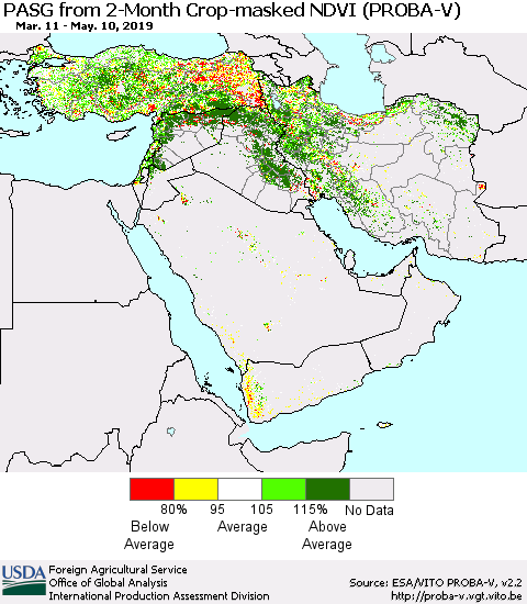 Middle East and Turkey PASG from 2-Month Crop-masked NDVI (PROBA-V) Thematic Map For 5/1/2019 - 5/10/2019