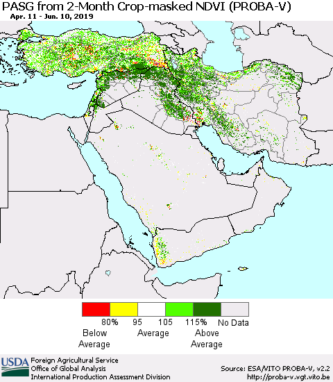 Middle East and Turkey PASG from 2-Month Crop-masked NDVI (PROBA-V) Thematic Map For 6/1/2019 - 6/10/2019