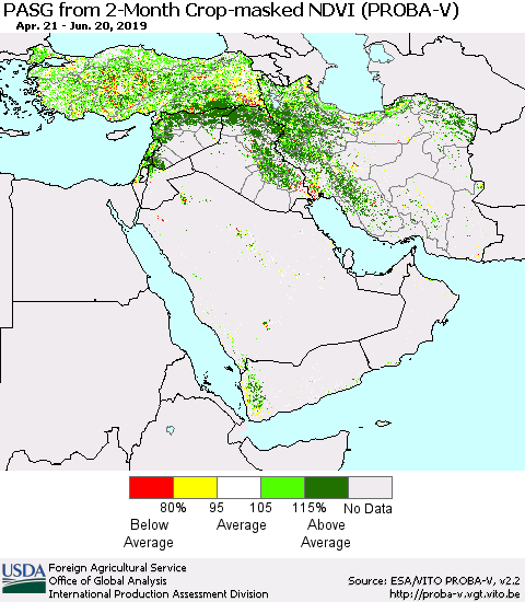 Middle East and Turkey PASG from 2-Month Crop-masked NDVI (PROBA-V) Thematic Map For 6/11/2019 - 6/20/2019