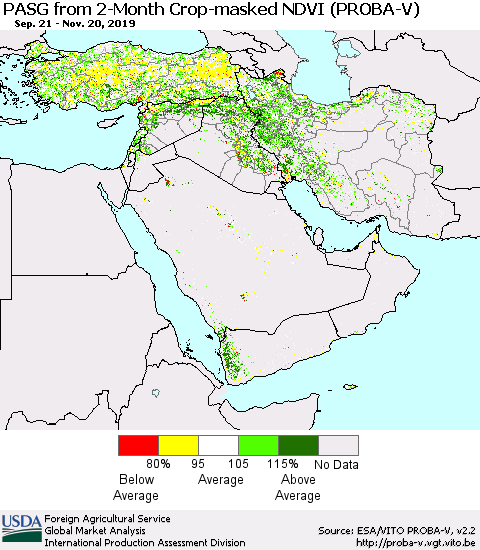 Middle East and Turkey PASG from 2-Month Crop-masked NDVI (PROBA-V) Thematic Map For 11/11/2019 - 11/20/2019
