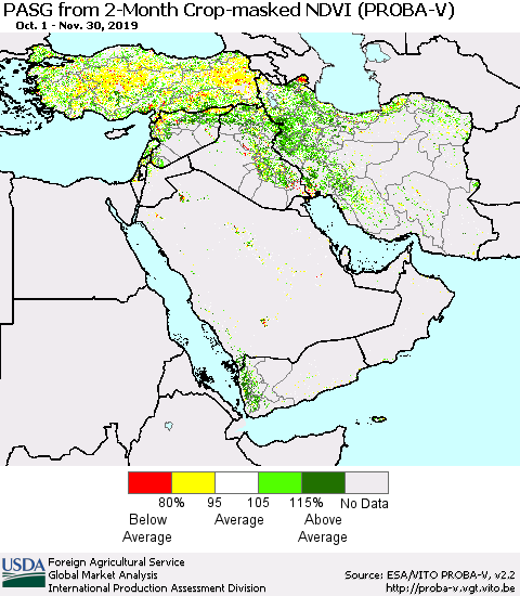 Middle East and Turkey PASG from 2-Month Crop-masked NDVI (PROBA-V) Thematic Map For 11/21/2019 - 11/30/2019