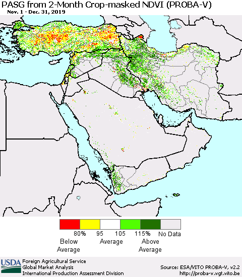 Middle East and Turkey PASG from 2-Month Crop-masked NDVI (PROBA-V) Thematic Map For 12/21/2019 - 12/31/2019