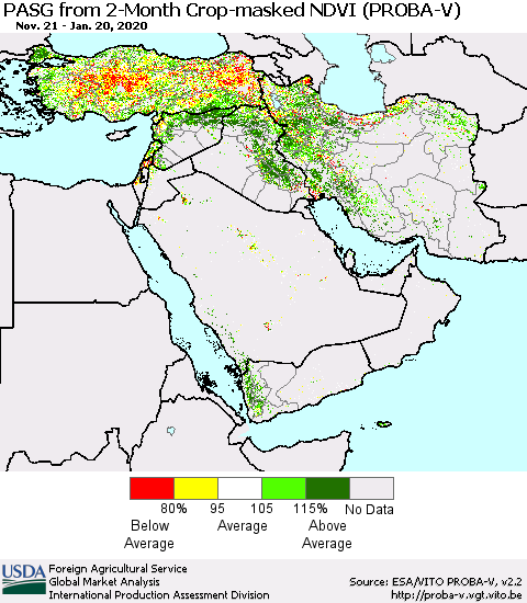 Middle East and Turkey PASG from 2-Month Crop-masked NDVI (PROBA-V) Thematic Map For 1/11/2020 - 1/20/2020