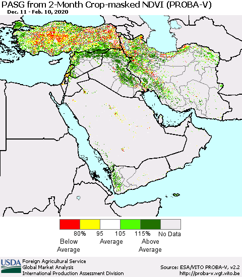 Middle East and Turkey PASG from 2-Month Crop-masked NDVI (PROBA-V) Thematic Map For 2/1/2020 - 2/10/2020