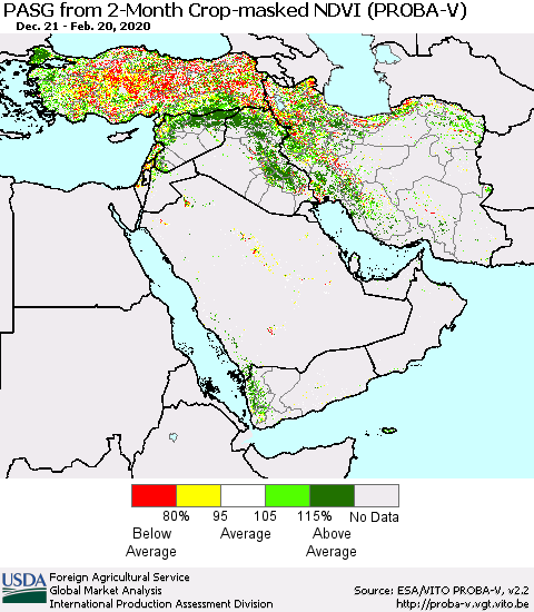 Middle East and Turkey PASG from 2-Month Crop-masked NDVI (PROBA-V) Thematic Map For 2/11/2020 - 2/20/2020