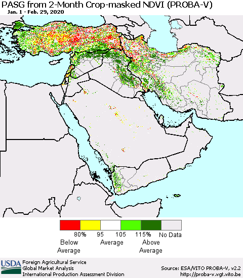 Middle East and Turkey PASG from 2-Month Crop-masked NDVI (PROBA-V) Thematic Map For 2/21/2020 - 2/29/2020