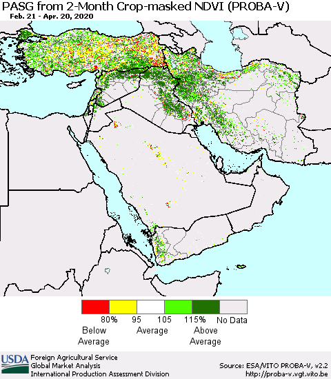 Middle East and Turkey PASG from 2-Month Crop-masked NDVI (PROBA-V) Thematic Map For 4/11/2020 - 4/20/2020
