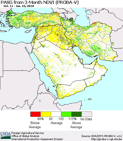 Middle East and Turkey PASG from 3-Month NDVI (PROBA-V) Thematic Map For 1/1/2018 - 1/10/2018