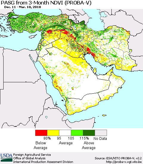 Middle East and Turkey PASG from 3-Month NDVI (PROBA-V) Thematic Map For 3/1/2018 - 3/10/2018