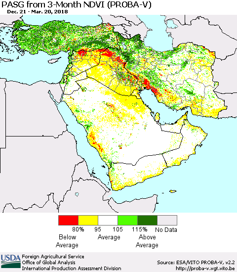 Middle East and Turkey PASG from 3-Month NDVI (PROBA-V) Thematic Map For 3/11/2018 - 3/20/2018