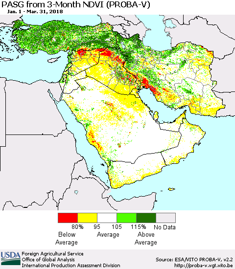 Middle East and Turkey PASG from 3-Month NDVI (PROBA-V) Thematic Map For 3/21/2018 - 3/31/2018