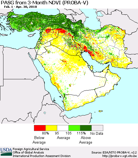 Middle East and Turkey PASG from 3-Month NDVI (PROBA-V) Thematic Map For 4/21/2018 - 4/30/2018