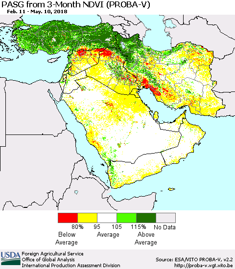 Middle East and Turkey PASG from 3-Month NDVI (PROBA-V) Thematic Map For 5/1/2018 - 5/10/2018
