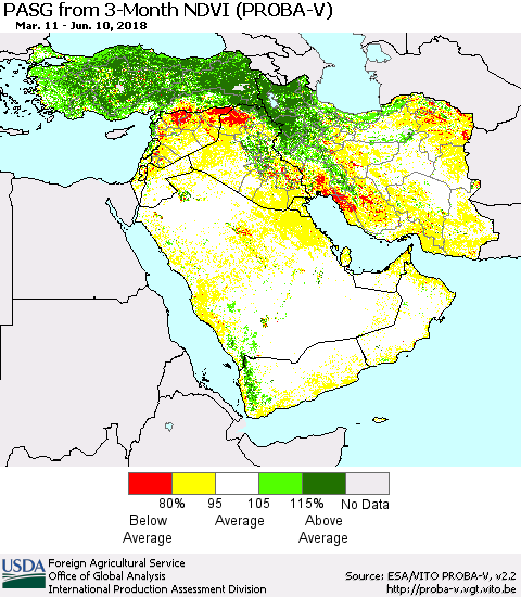 Middle East and Turkey PASG from 3-Month NDVI (PROBA-V) Thematic Map For 6/1/2018 - 6/10/2018