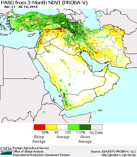 Middle East and Turkey PASG from 3-Month NDVI (PROBA-V) Thematic Map For 7/1/2018 - 7/10/2018