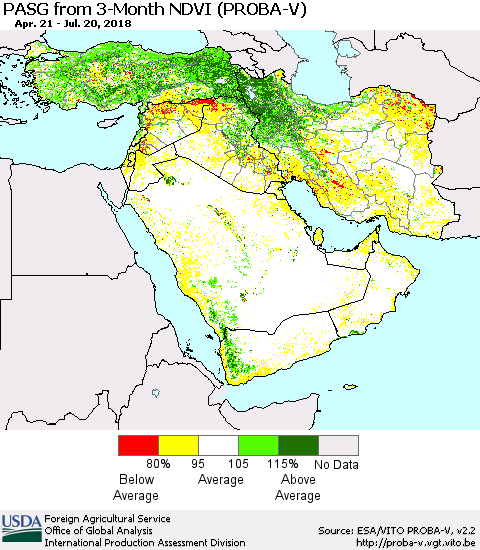 Middle East and Turkey PASG from 3-Month NDVI (PROBA-V) Thematic Map For 7/11/2018 - 7/20/2018