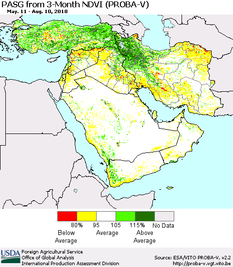 Middle East and Turkey PASG from 3-Month NDVI (PROBA-V) Thematic Map For 8/1/2018 - 8/10/2018