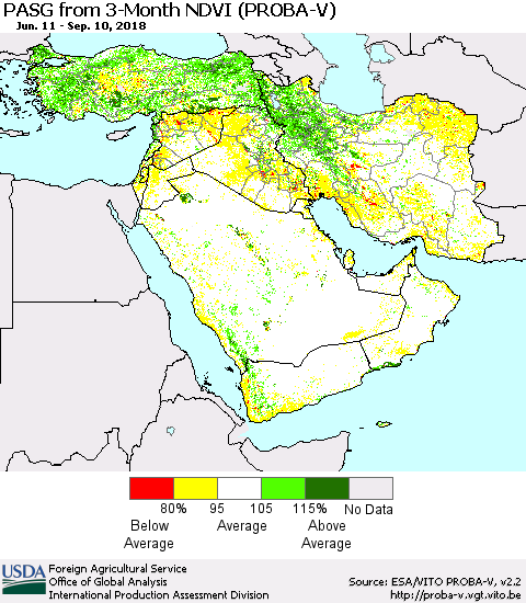 Middle East and Turkey PASG from 3-Month NDVI (PROBA-V) Thematic Map For 9/1/2018 - 9/10/2018