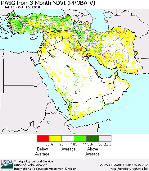 Middle East and Turkey PASG from 3-Month NDVI (PROBA-V) Thematic Map For 10/1/2018 - 10/10/2018