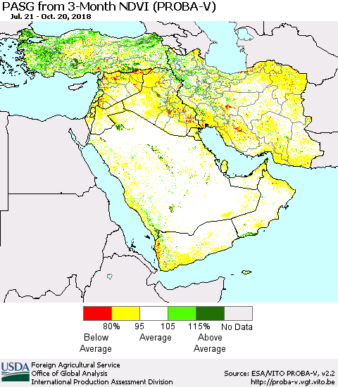 Middle East and Turkey PASG from 3-Month NDVI (PROBA-V) Thematic Map For 10/11/2018 - 10/20/2018