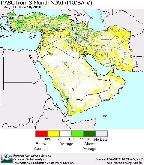 Middle East and Turkey PASG from 3-Month NDVI (PROBA-V) Thematic Map For 11/1/2018 - 11/10/2018