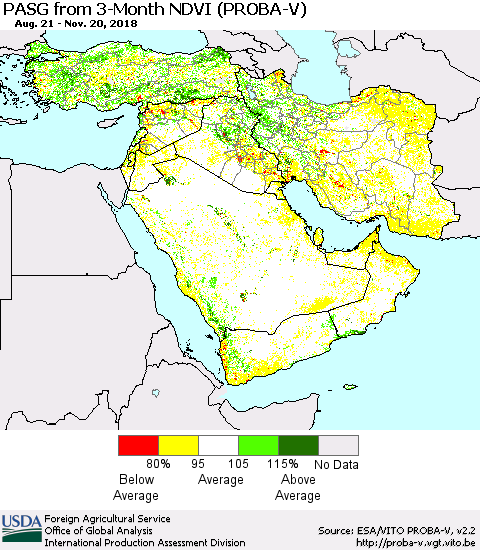 Middle East and Turkey PASG from 3-Month NDVI (PROBA-V) Thematic Map For 11/11/2018 - 11/20/2018