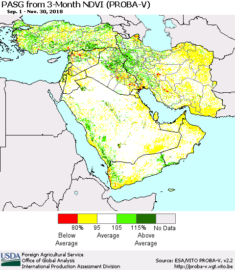 Middle East and Turkey PASG from 3-Month NDVI (PROBA-V) Thematic Map For 11/21/2018 - 11/30/2018