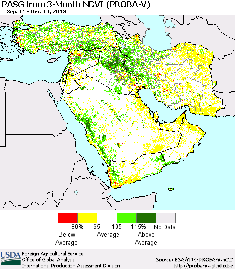 Middle East and Turkey PASG from 3-Month NDVI (PROBA-V) Thematic Map For 12/1/2018 - 12/10/2018