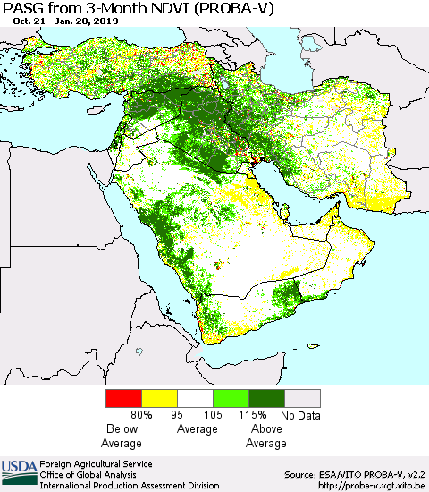 Middle East and Turkey PASG from 3-Month NDVI (PROBA-V) Thematic Map For 1/11/2019 - 1/20/2019