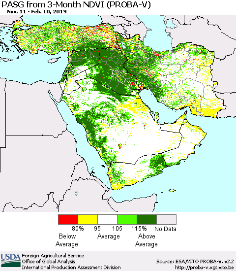 Middle East and Turkey PASG from 3-Month NDVI (PROBA-V) Thematic Map For 2/1/2019 - 2/10/2019