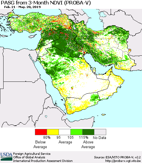 Middle East and Turkey PASG from 3-Month NDVI (PROBA-V) Thematic Map For 5/11/2019 - 5/20/2019