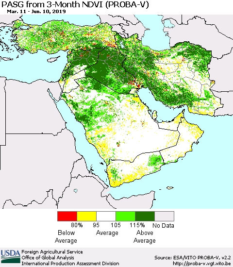 Middle East and Turkey PASG from 3-Month NDVI (PROBA-V) Thematic Map For 6/1/2019 - 6/10/2019