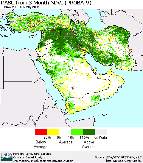 Middle East and Turkey PASG from 3-Month NDVI (PROBA-V) Thematic Map For 6/11/2019 - 6/20/2019