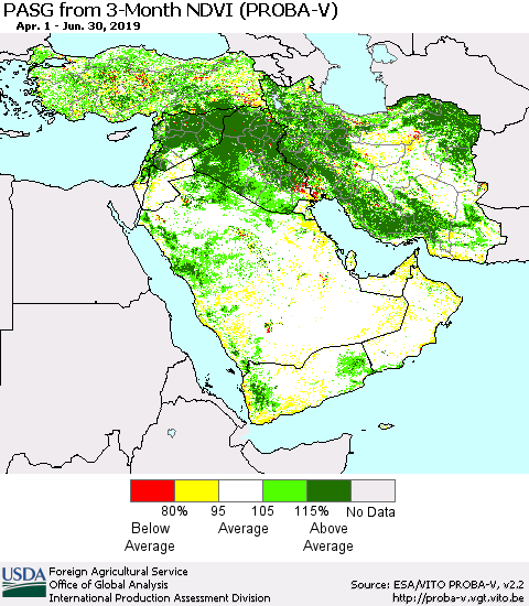 Middle East and Turkey PASG from 3-Month NDVI (PROBA-V) Thematic Map For 6/21/2019 - 6/30/2019