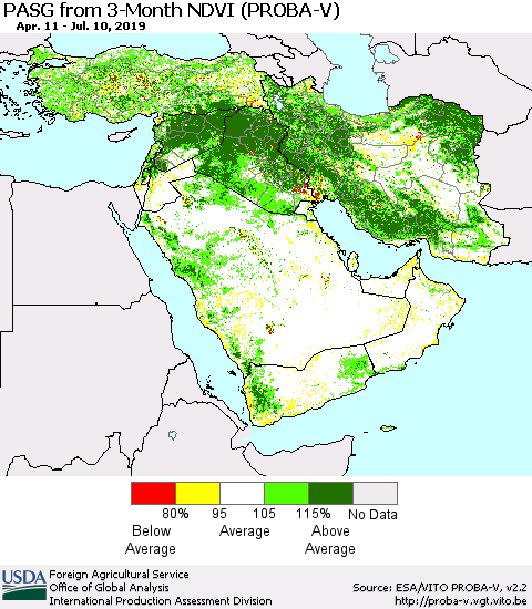 Middle East and Turkey PASG from 3-Month NDVI (PROBA-V) Thematic Map For 7/1/2019 - 7/10/2019