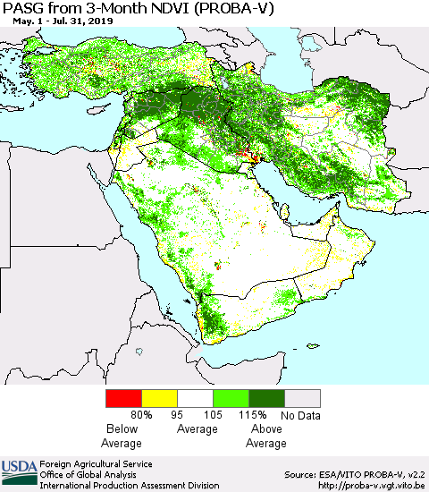 Middle East and Turkey PASG from 3-Month NDVI (PROBA-V) Thematic Map For 7/21/2019 - 7/31/2019