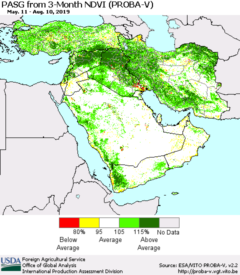 Middle East and Turkey PASG from 3-Month NDVI (PROBA-V) Thematic Map For 8/1/2019 - 8/10/2019
