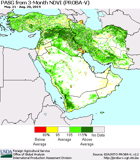 Middle East and Turkey PASG from 3-Month NDVI (PROBA-V) Thematic Map For 8/11/2019 - 8/20/2019