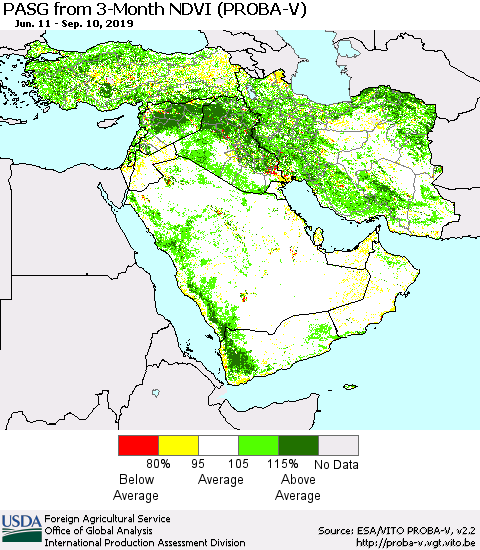 Middle East and Turkey PASG from 3-Month NDVI (PROBA-V) Thematic Map For 9/1/2019 - 9/10/2019