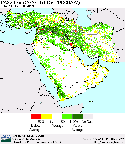 Middle East and Turkey PASG from 3-Month NDVI (PROBA-V) Thematic Map For 10/1/2019 - 10/10/2019