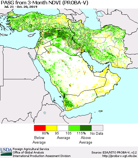 Middle East and Turkey PASG from 3-Month NDVI (PROBA-V) Thematic Map For 10/11/2019 - 10/20/2019