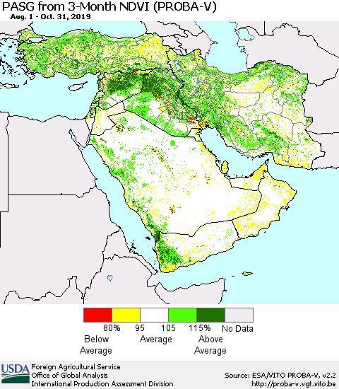 Middle East and Turkey PASG from 3-Month NDVI (PROBA-V) Thematic Map For 10/21/2019 - 10/31/2019