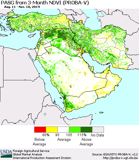 Middle East and Turkey PASG from 3-Month NDVI (PROBA-V) Thematic Map For 11/1/2019 - 11/10/2019