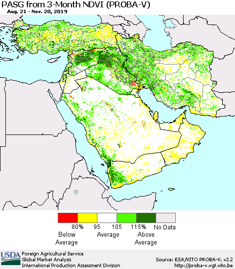 Middle East and Turkey PASG from 3-Month NDVI (PROBA-V) Thematic Map For 11/11/2019 - 11/20/2019