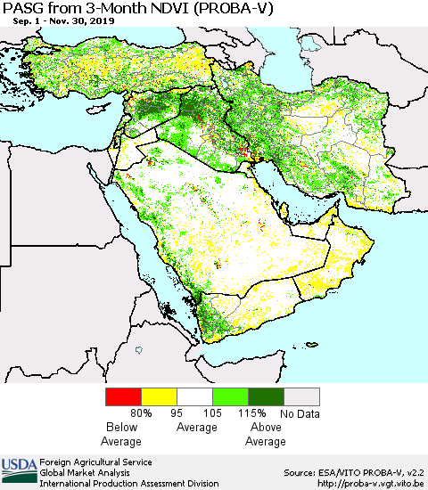 Middle East and Turkey PASG from 3-Month NDVI (PROBA-V) Thematic Map For 11/21/2019 - 11/30/2019