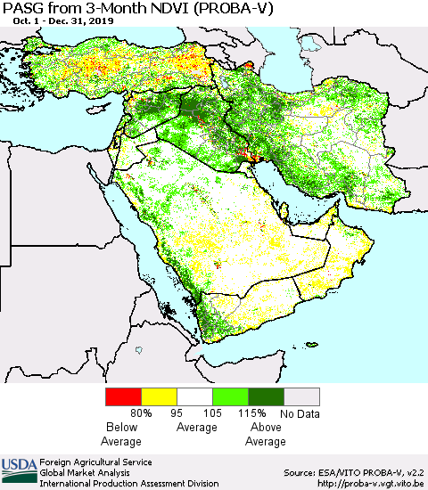 Middle East and Turkey PASG from 3-Month NDVI (PROBA-V) Thematic Map For 12/21/2019 - 12/31/2019
