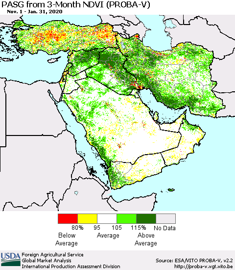 Middle East and Turkey PASG from 3-Month NDVI (PROBA-V) Thematic Map For 1/21/2020 - 1/31/2020
